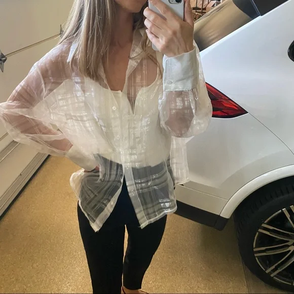 Storets Audrey plaid organza sheer collared shirt button up oversized - Picture 9 of 10